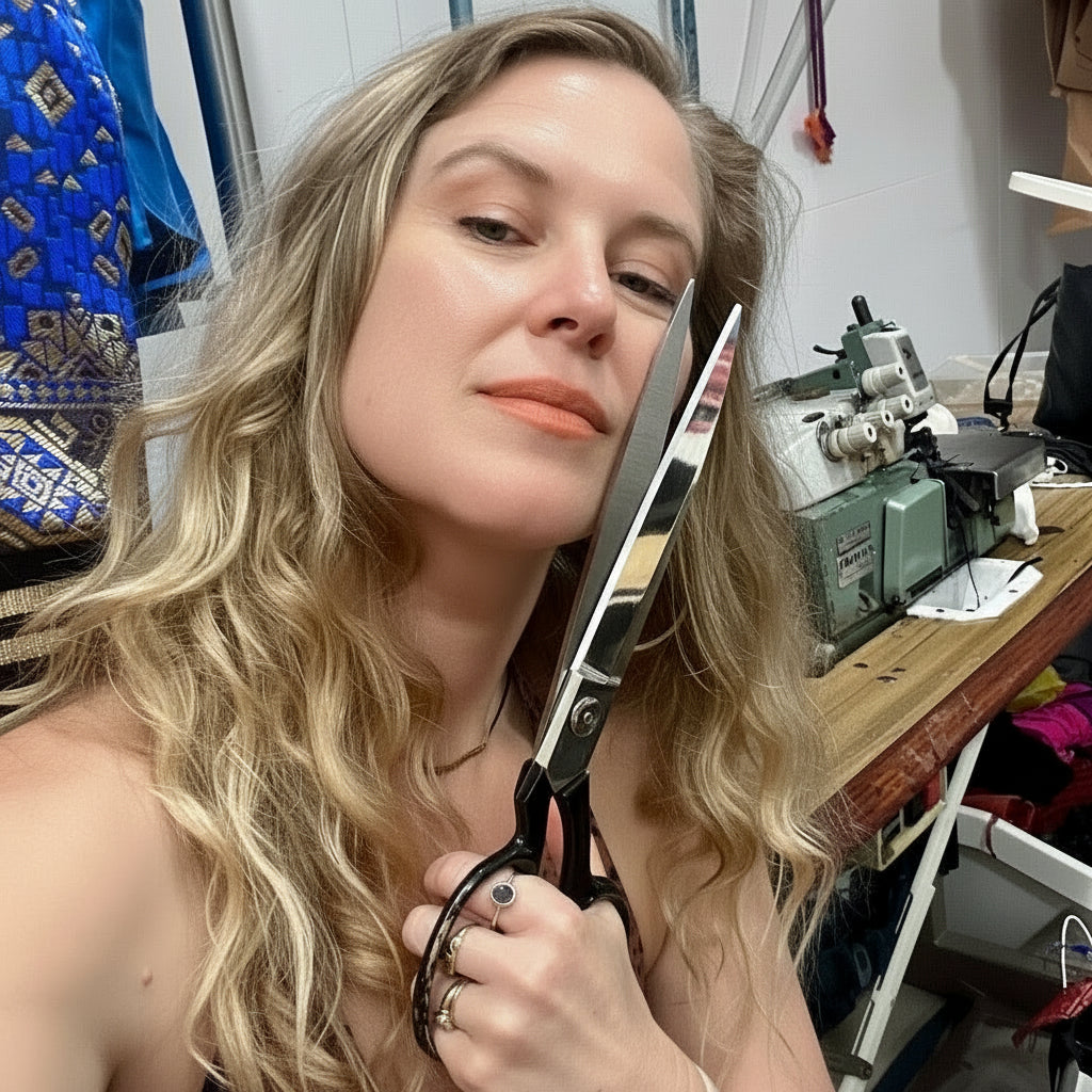 Woman holding a large pair of scissors in a fashion production studio