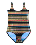 A one-piece swimsuit  or bodsuitwith a colorful geometric pattern featuring horizontal stripes of gold, red, blue, and black, displayed flat against a white background.