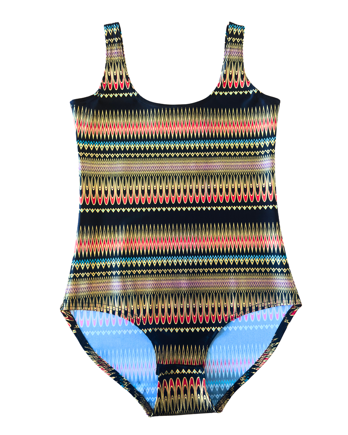 A one-piece swimsuit  or bodsuitwith a colorful geometric pattern featuring horizontal stripes of gold, red, blue, and black, displayed flat against a white background.
