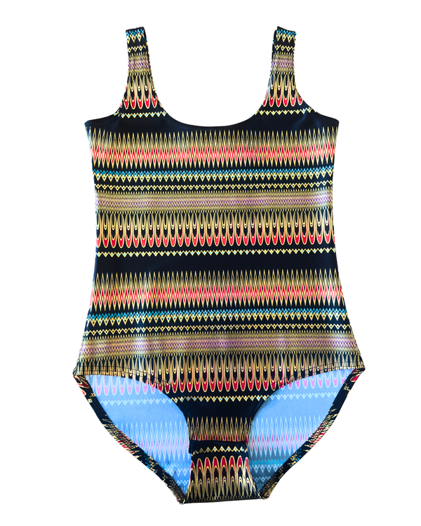 A one-piece swimsuit  or bodsuitwith a colorful geometric pattern featuring horizontal stripes of gold, red, blue, and black, displayed flat against a white background.