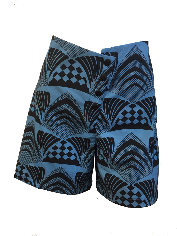 Deco, afro shorts high waisted, a line, african print, blue, cotton