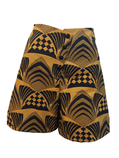 Deco, afro shorts high waisted, a line, african print, mustard, tumeric, cotton